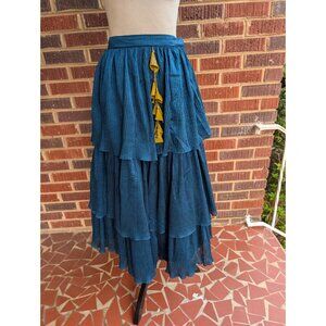 Satin Layered Boho Pleated Midi Skirt w/ Mesh Tulle Lining-Teal Blue-XS/S